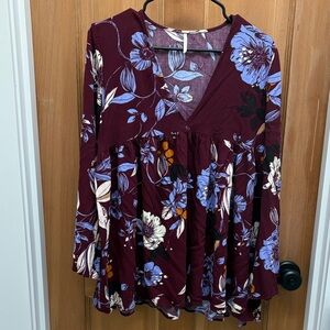 Free People Floral V-Neck Long Sleeve Top M